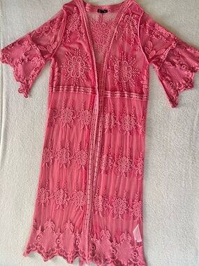 Boho Pink Lace Embroider Romantic Festival Floral Kimono Swimsuit Cover Up M/L